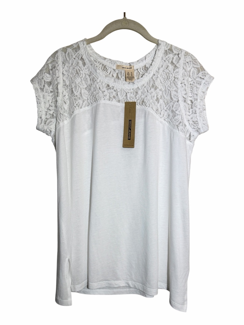 DKNY White Lace Yoke Short Sleeve Top